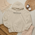 Cream hoodie with front logo print, drawstring hood, and kangaroo pocket.