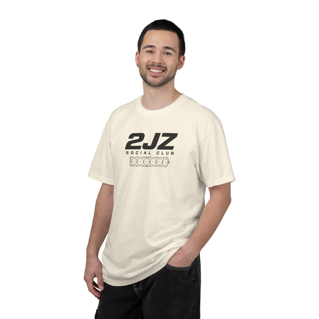 Ivory crewneck T-shirt with small centered logo graphic print.