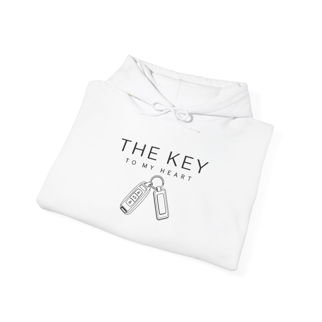White hoodie with drawstring hood and “THE KEY TO MY HEART” key graphic on front