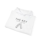 White hoodie with drawstring hood and “THE KEY TO MY HEART” key graphic on front