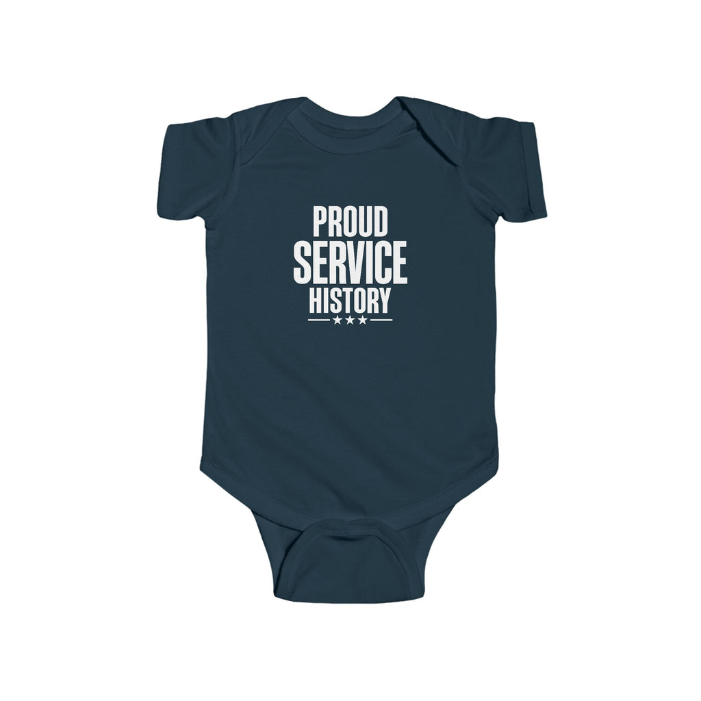 Navy baby bodysuit with 'Proud Service History' chest graphic