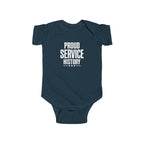 Navy baby bodysuit with 'Proud Service History' chest graphic