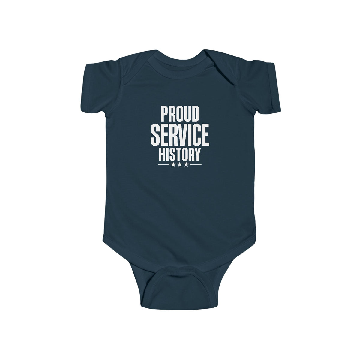 Navy baby bodysuit with 'Proud Service History' chest graphic