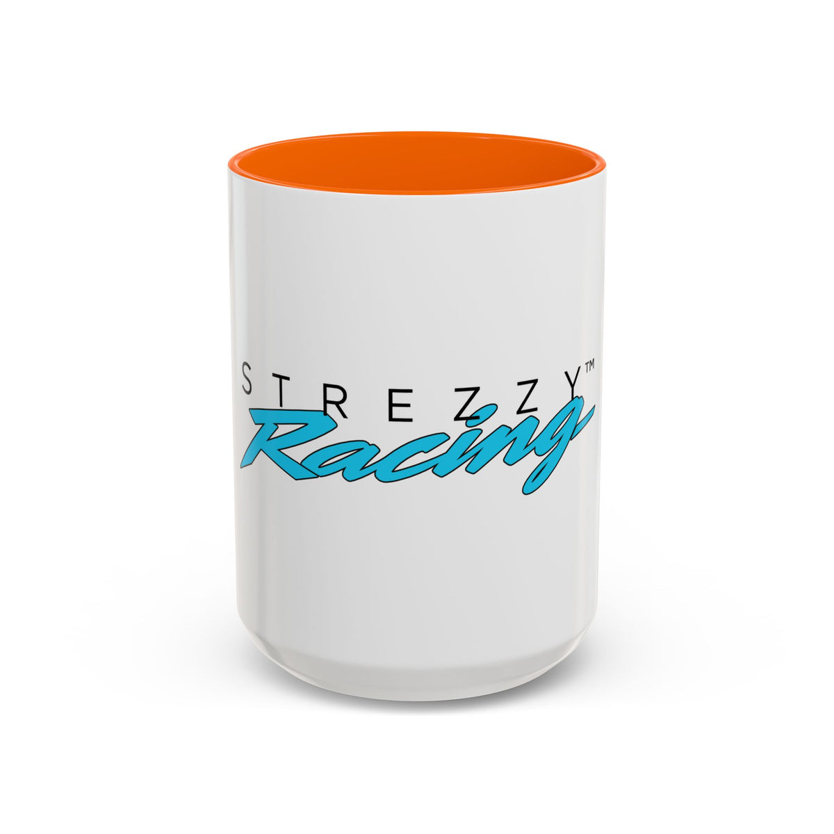 Racing accent mug with orange interior and rim, white body, teal “Racing” graphic