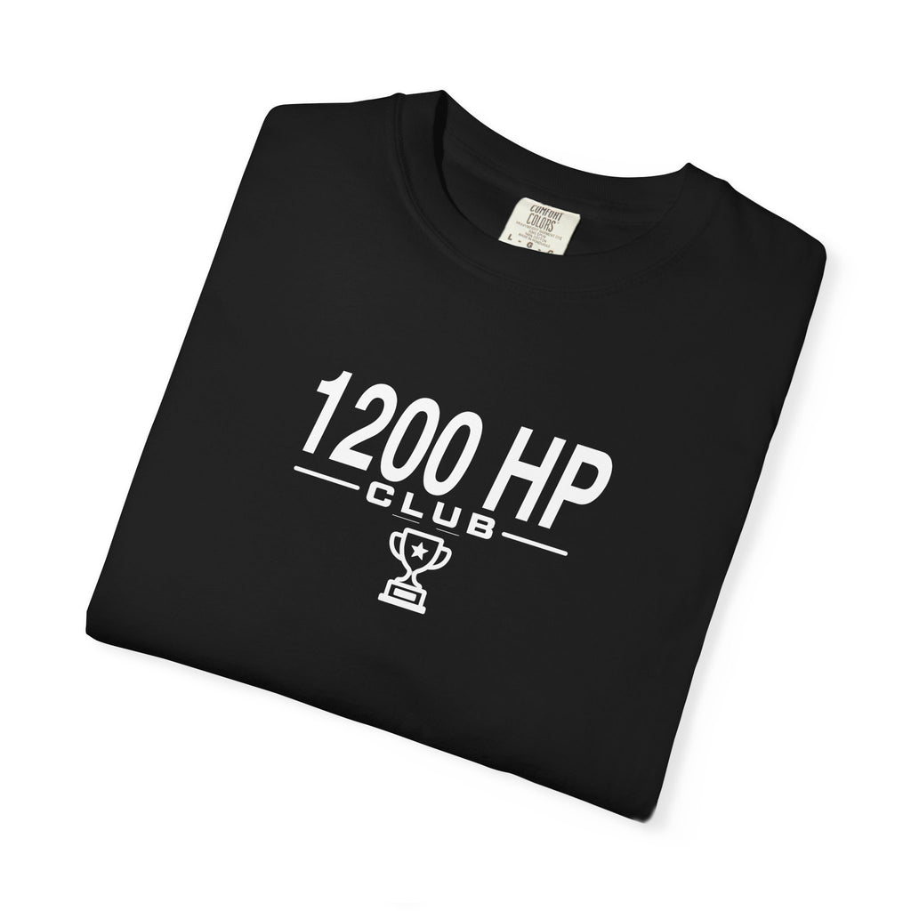 Black T-shirt with 1200 HP Club logo graphic, folded with neck tag