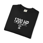 Black T-shirt with 1200 HP Club logo graphic, folded with neck tag