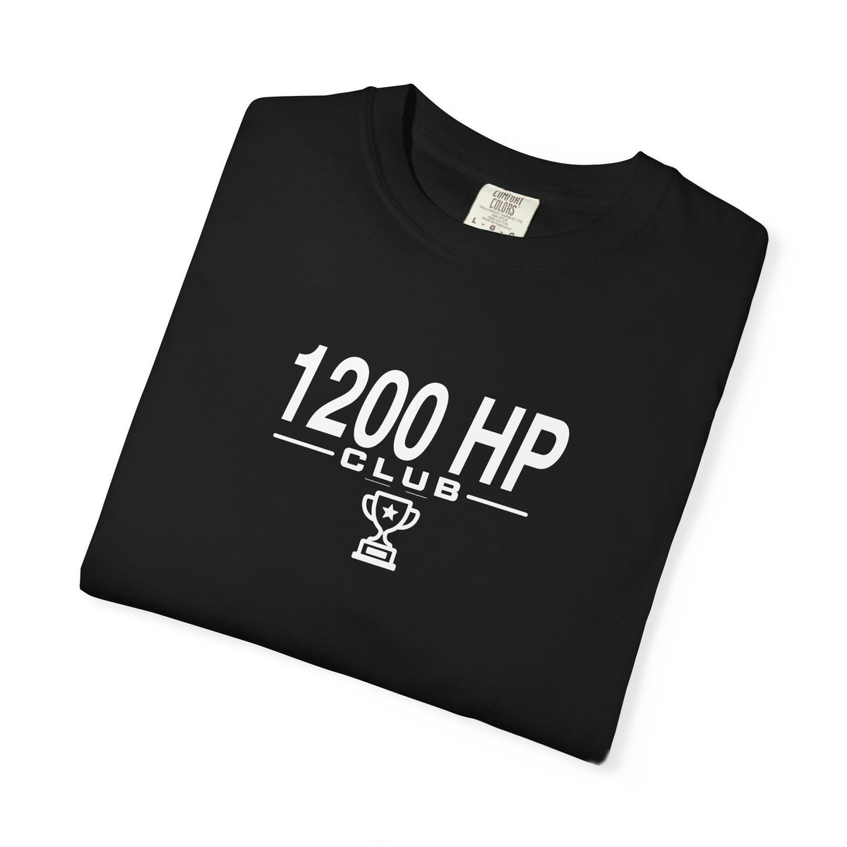 Black T-shirt with 1200 HP Club logo graphic, folded with neck tag