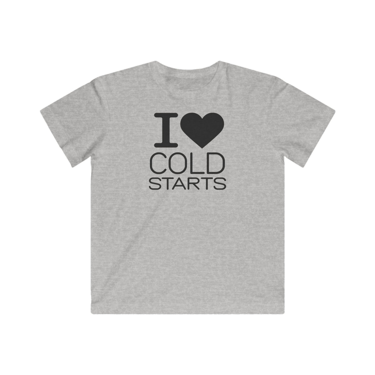 Kids' T-shirt, heather gray, front graphic with heart and “I ♥ COLD STARTS”.