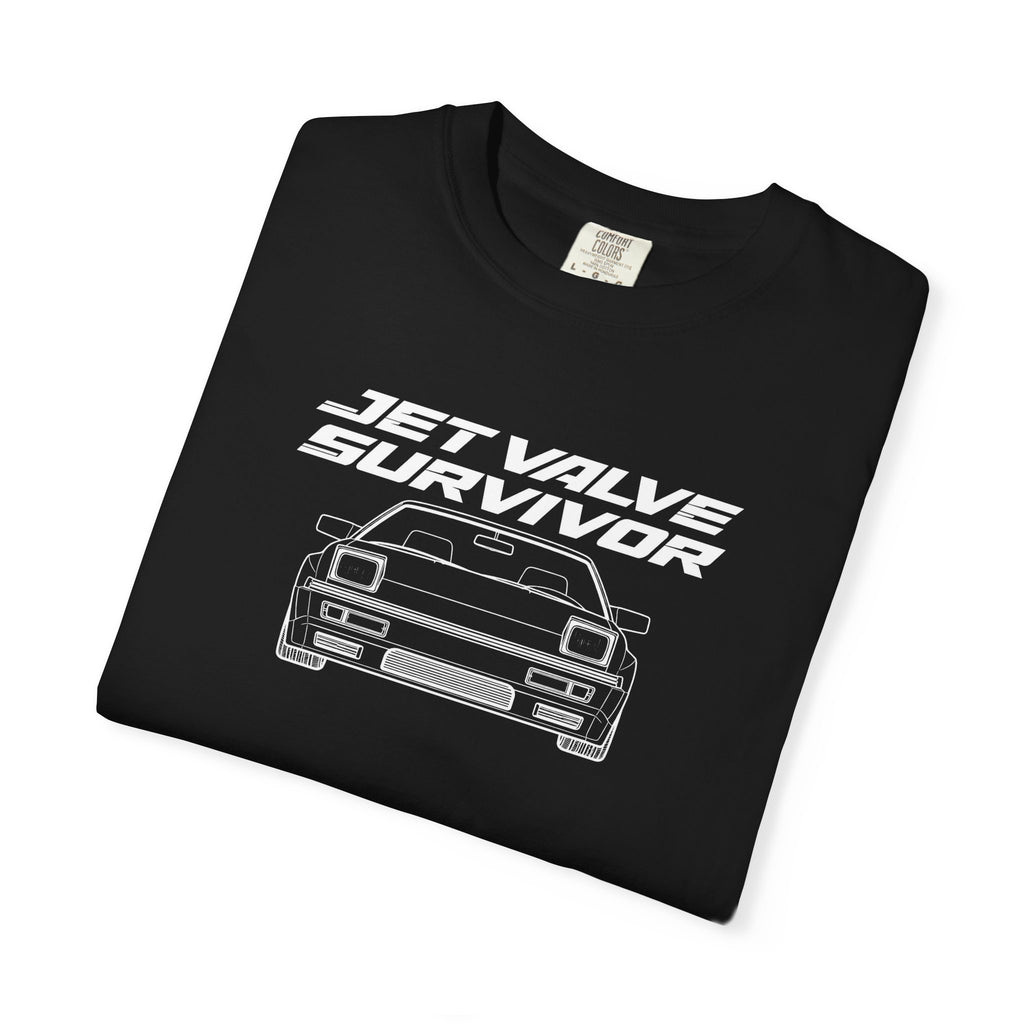 Black crew-neck T-shirt with Jet Valve Survivor front car logo print