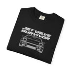 Black crew-neck T-shirt with Jet Valve Survivor front car logo print