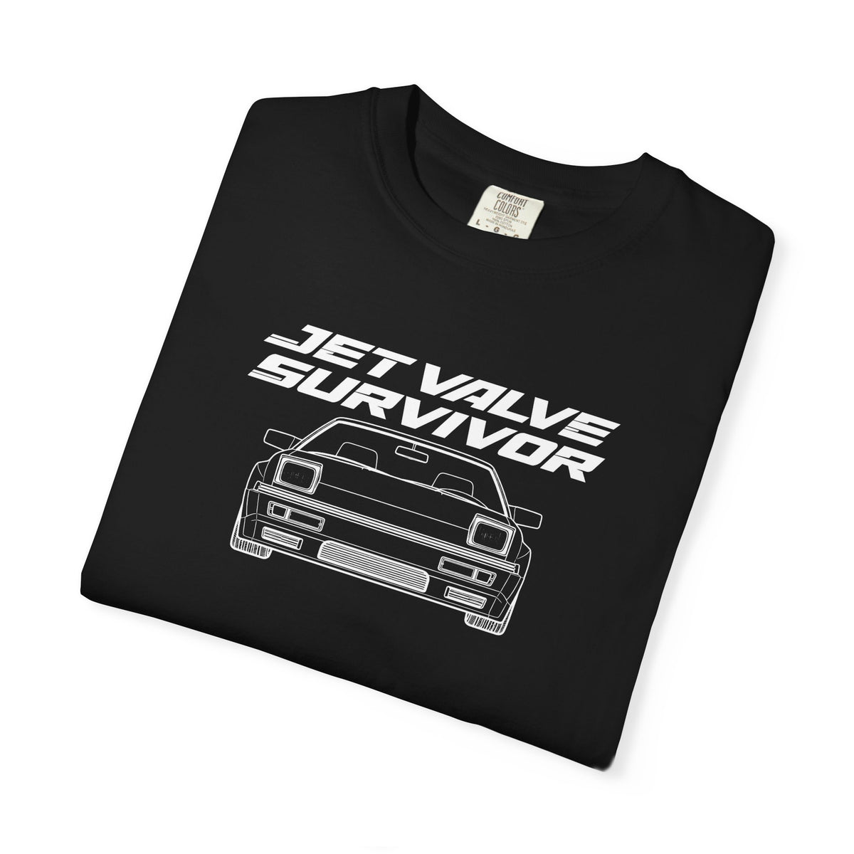 Black crew-neck T-shirt with Jet Valve Survivor front car logo print