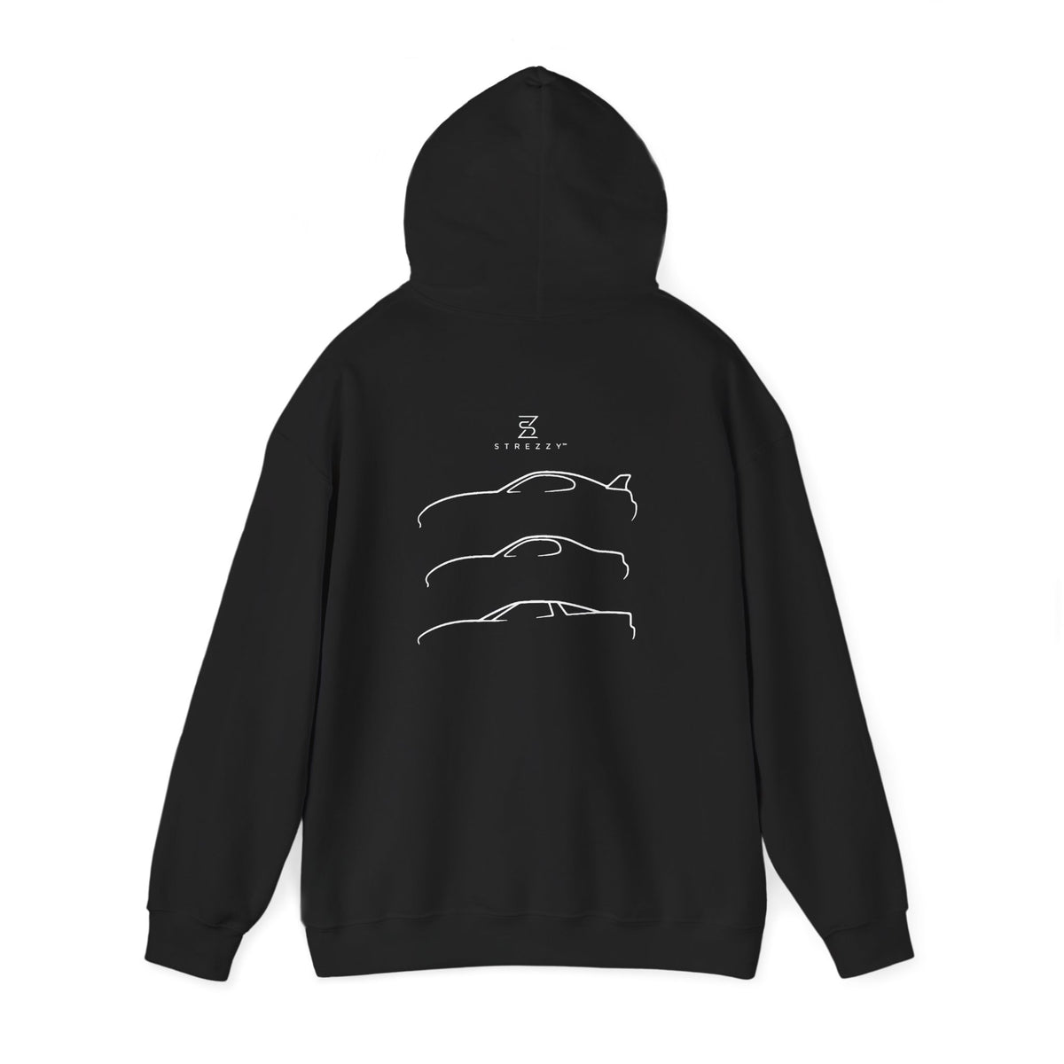 Black pullover hoodie with back minimalist line-art car graphic and small emblem