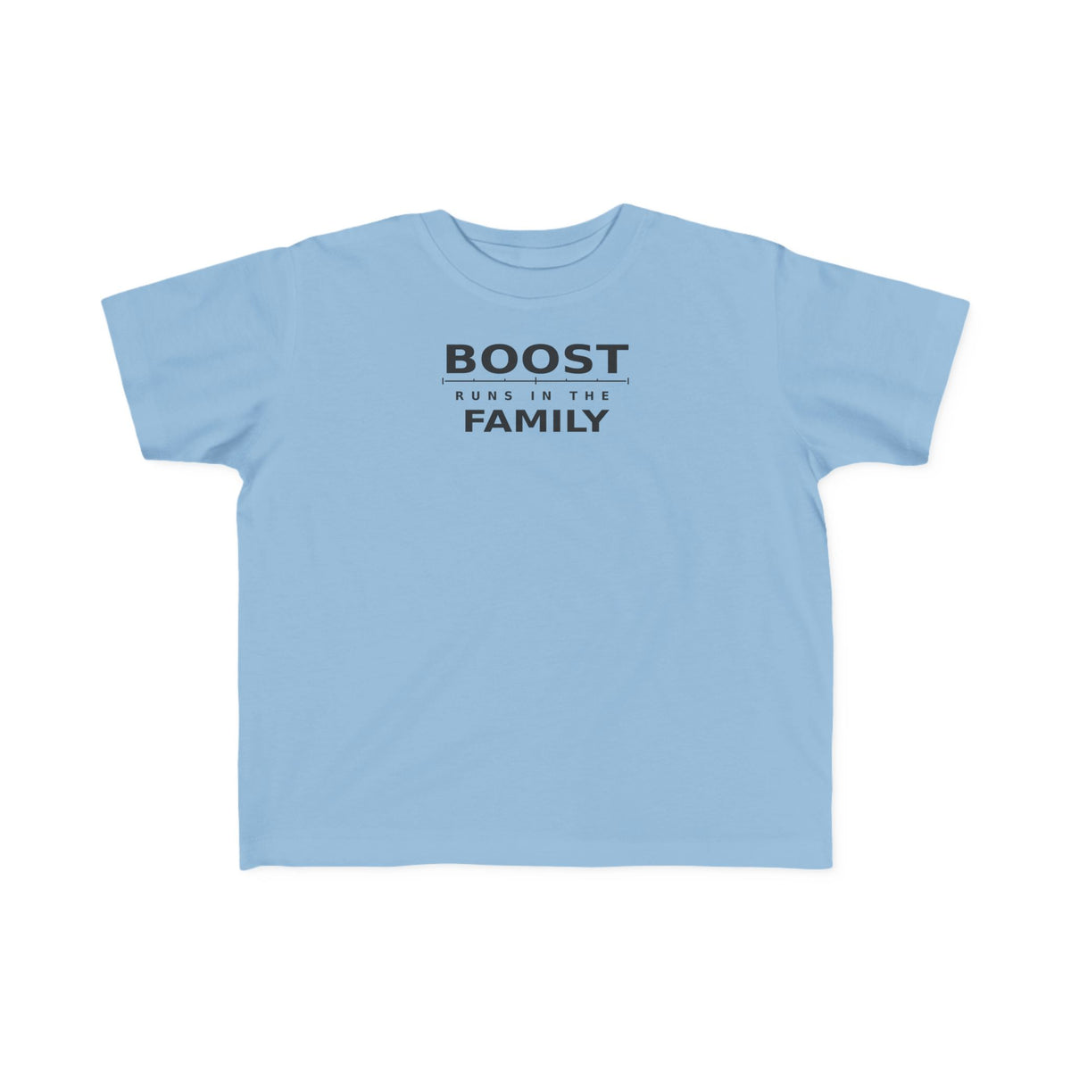 Toddler T-shirt in light blue with “BOOST RUNS IN THE FAMILY” graphic on front