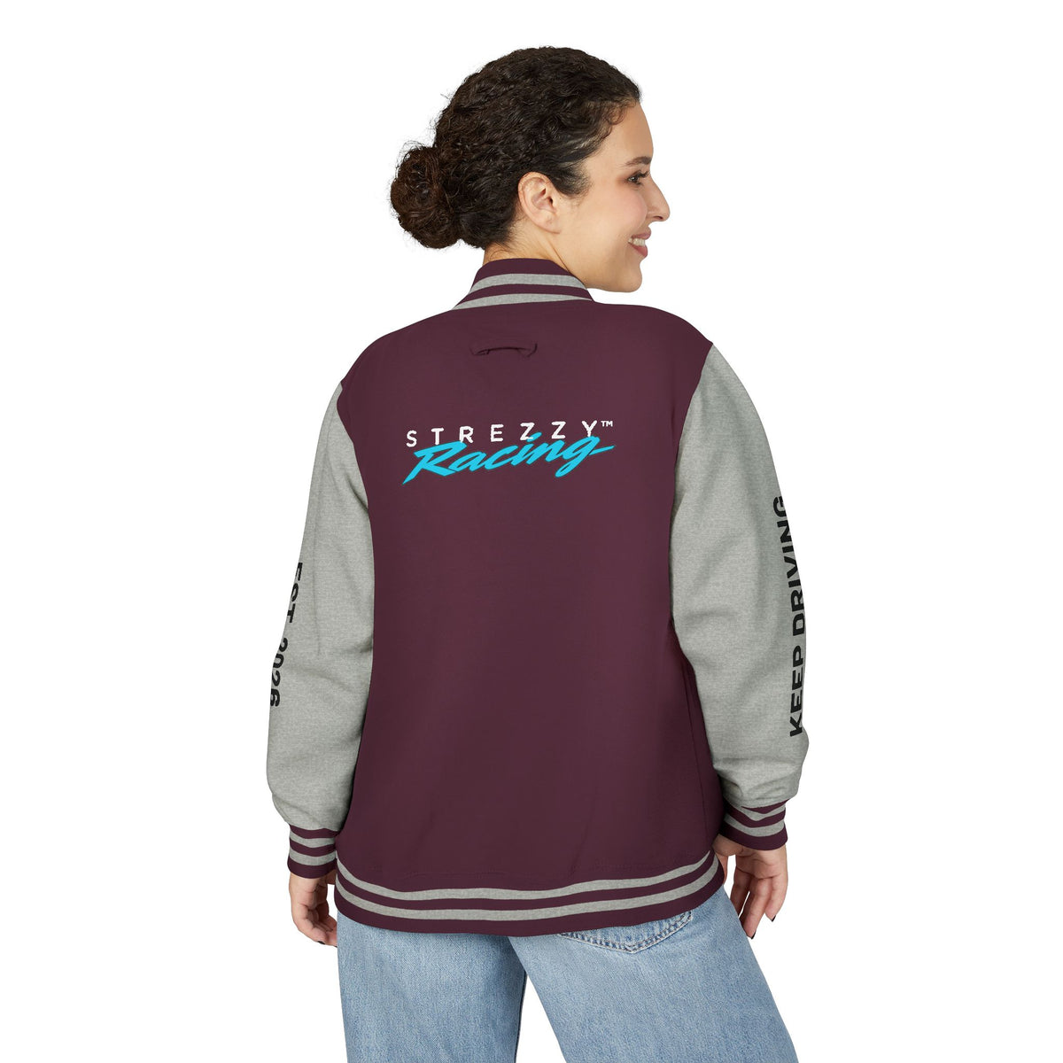 Burgundy varsity jacket, back logo and striped collar, gray sleeves, side view