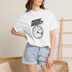 White crewneck T-shirt with 'More Boost!' stopwatch graphic, worn