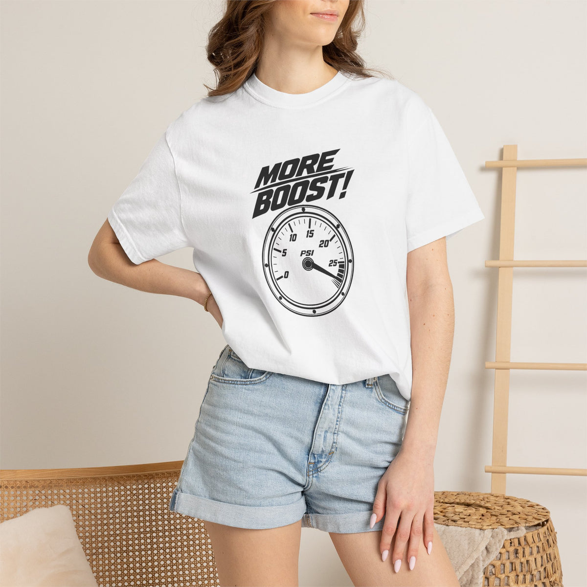 White crewneck T-shirt with 'More Boost!' stopwatch graphic, worn