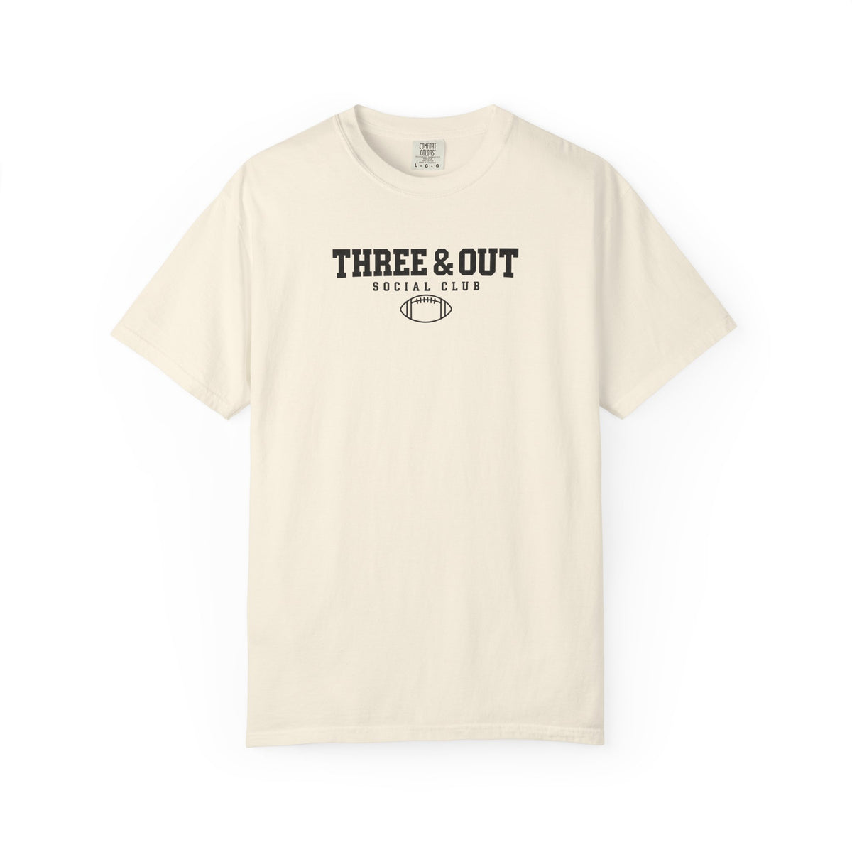 Ivory Three & Out Social Club football logo graphic T-shirt, crew neck short sleeves.