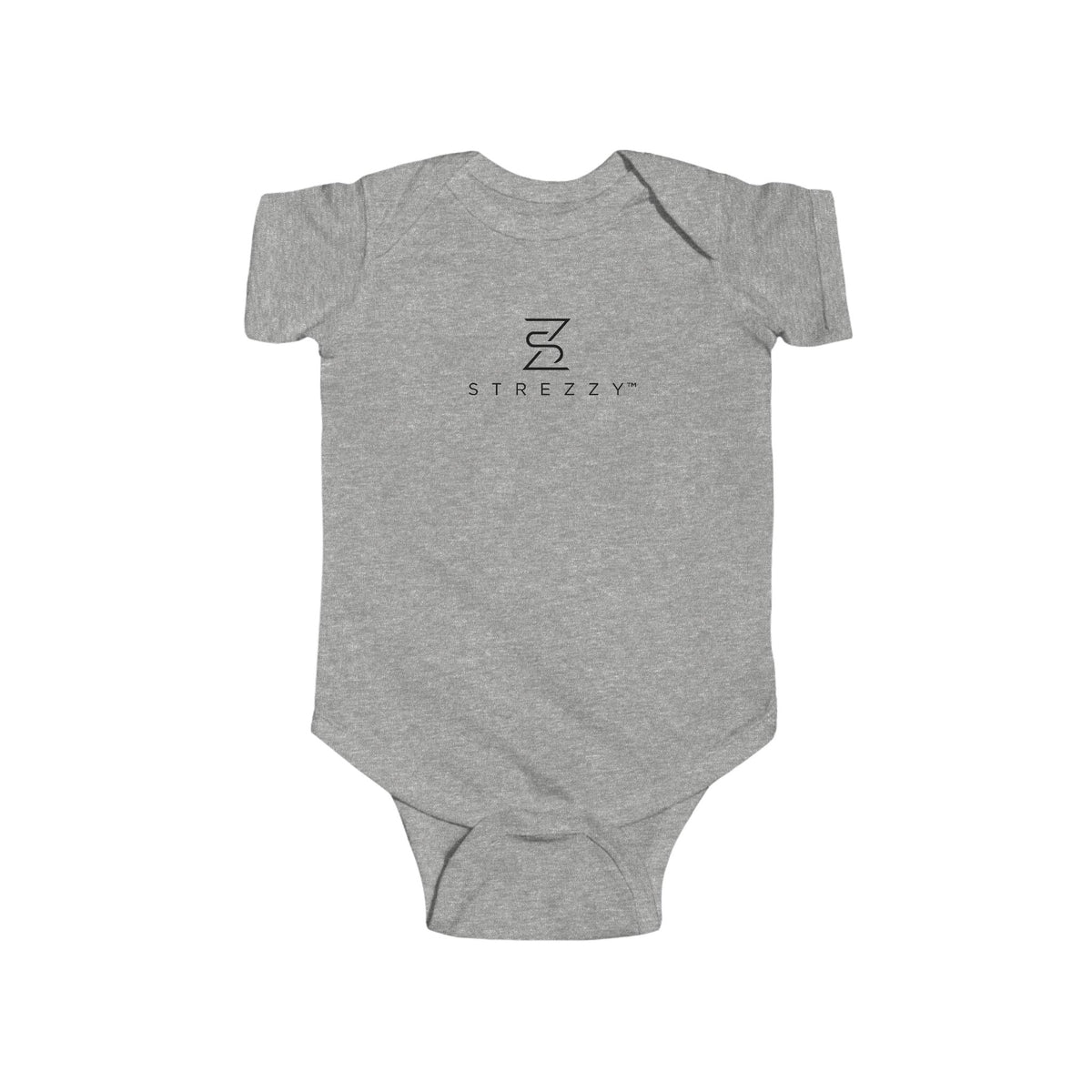 Heather gray short-sleeve baby bodysuit with Strezzy logo on chest