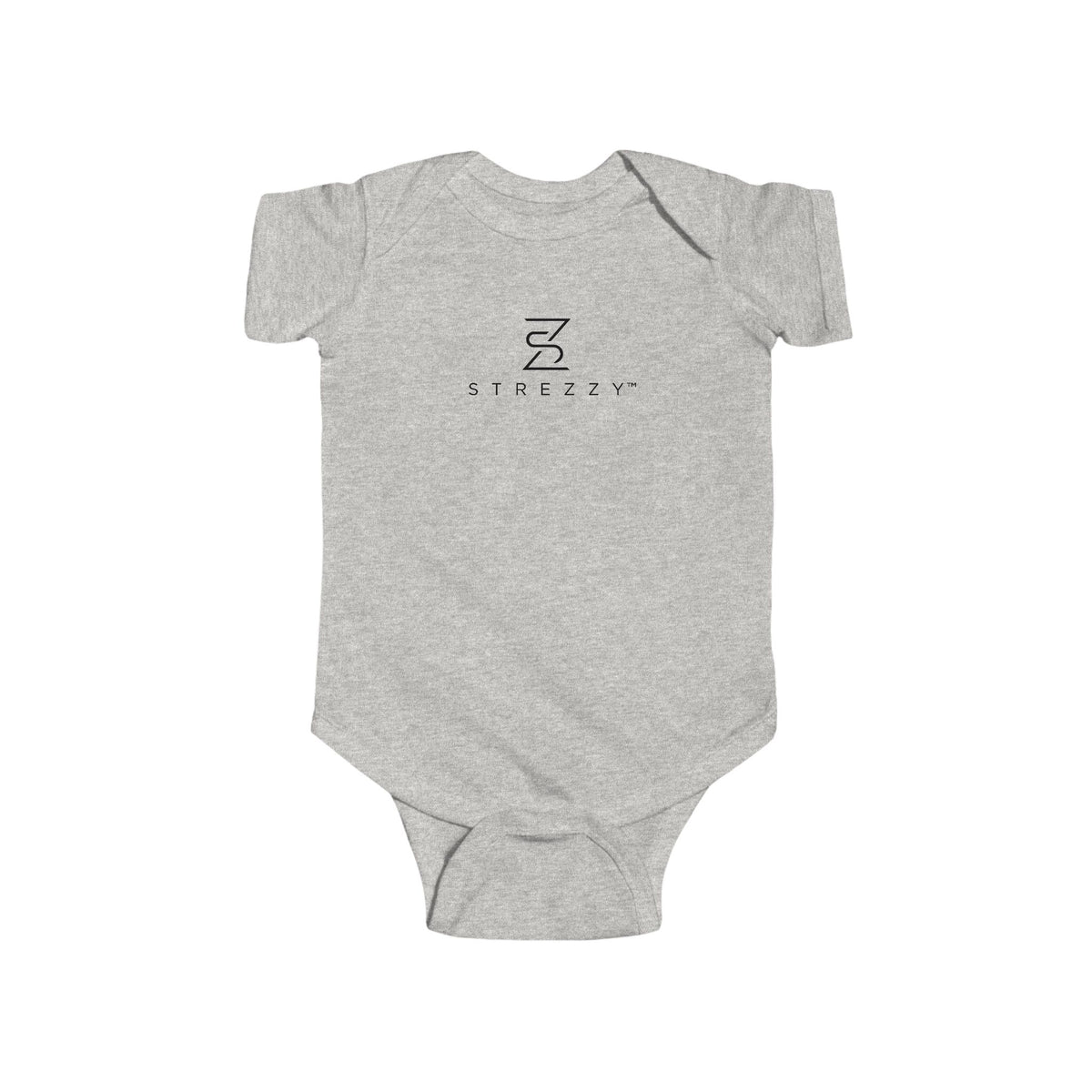 Heather gray short-sleeve baby bodysuit with Strezzy logo on chest