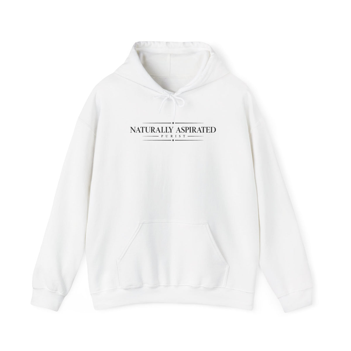 White hoodie with kangaroo pocket, drawstring hood, and Naturally Aspirated logo