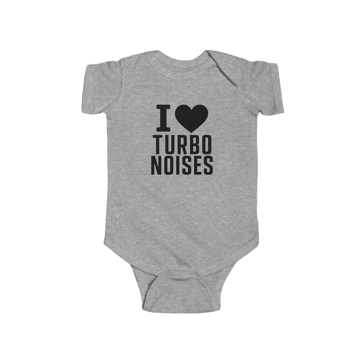 Heather gray baby bodysuit with I ♥ TURBO NOISES graphic