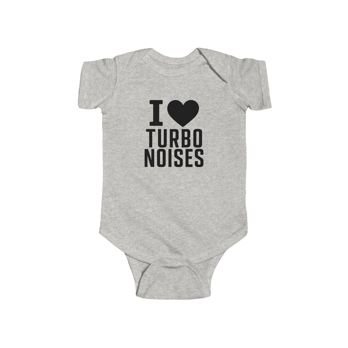 Light heather gray baby bodysuit with I ♥ TURBO NOISES graphic
