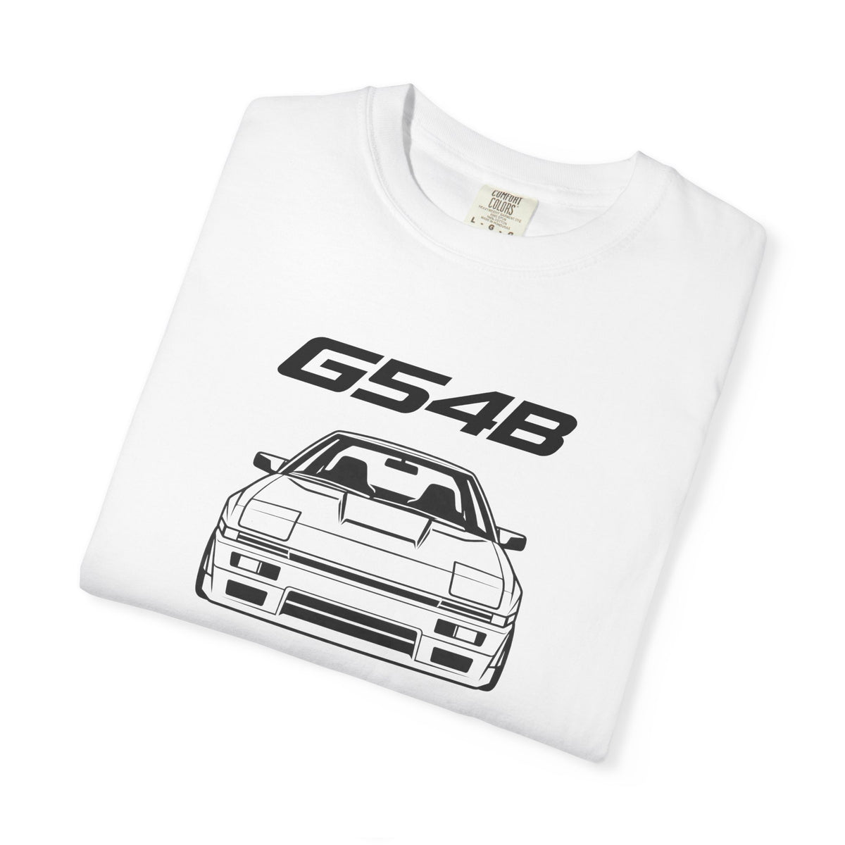 White JDM T-shirt front closeup with G54B and car line-art graphic