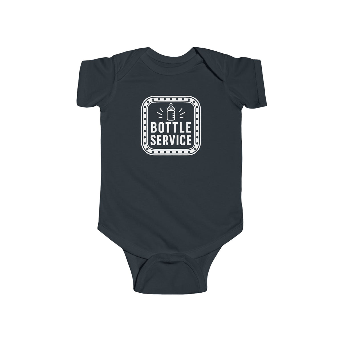 Black baby bodysuit with 'Bottle Service' logo graphic on front.