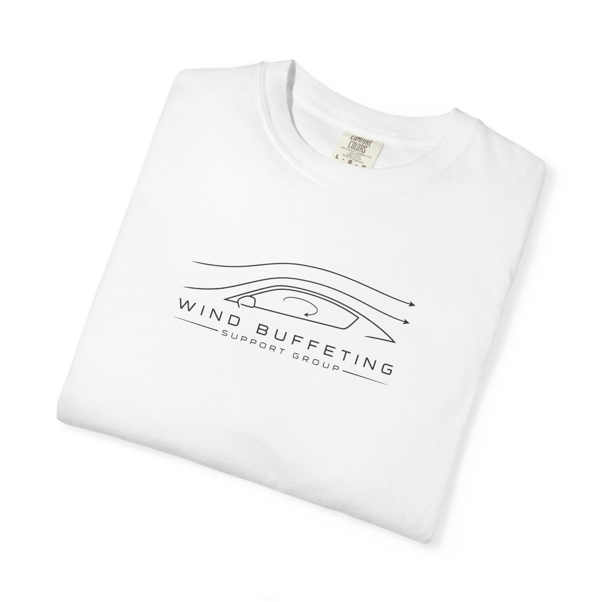 White crew-neck T-shirt with Wind Buffeting car graphic and swoosh lines