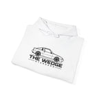 White JDM hoodie folded flat with hood drawstrings and car logo front graphic