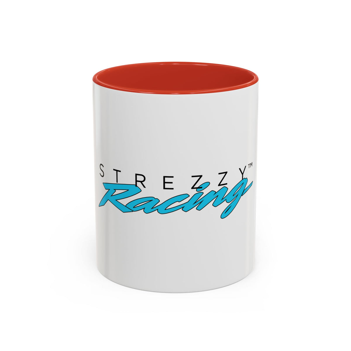 Racing accent mug with red interior and rim, white body, blue “Racing” graphic