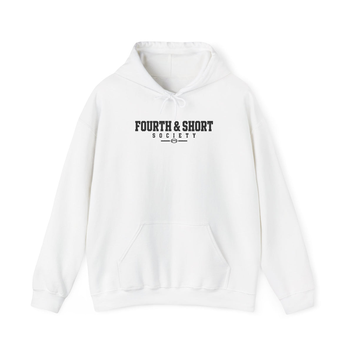 White football hoodie with drawstring hood, kangaroo pocket, and "FOURTH & SHORT" logo