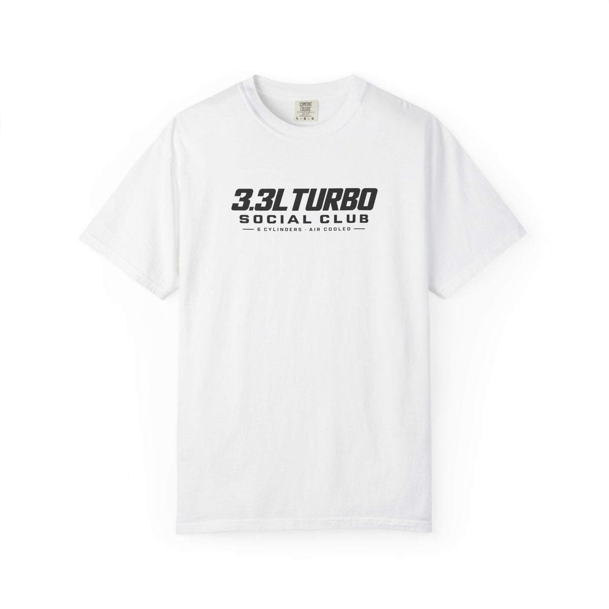 White T-shirt with front '3.3L Turbo Social Club' logo graphic