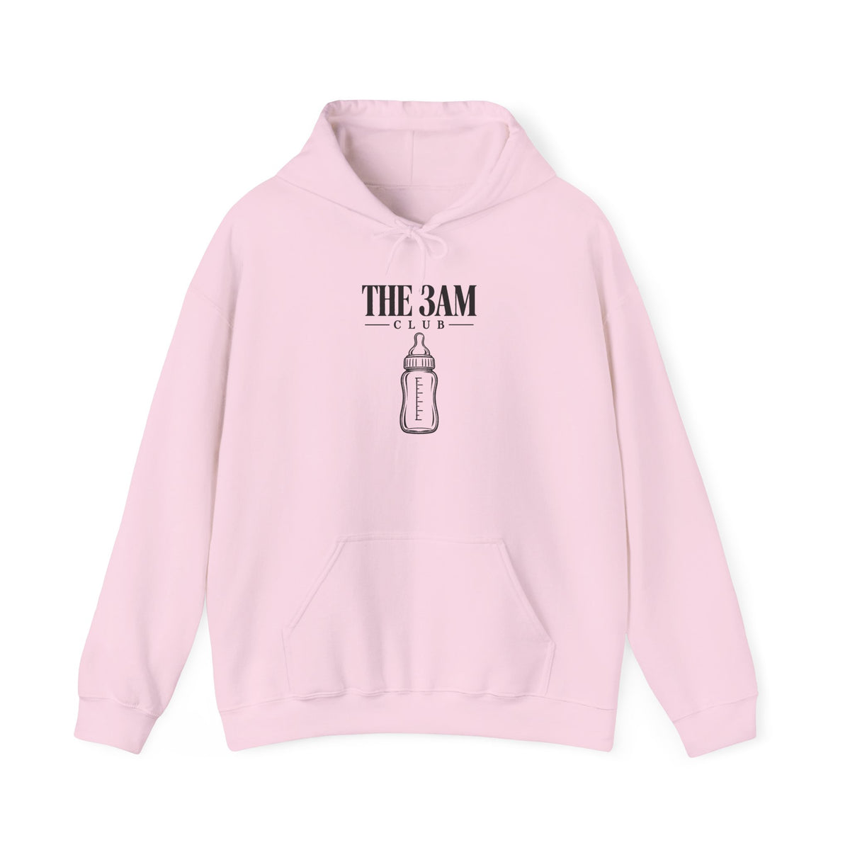 Baby pullover hoodie in light pink with “THE 3AM CLUB” bottle graphic on chest