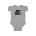 Heather gray baby bodysuit with short sleeves and "DAILY DRIVER" front graphic