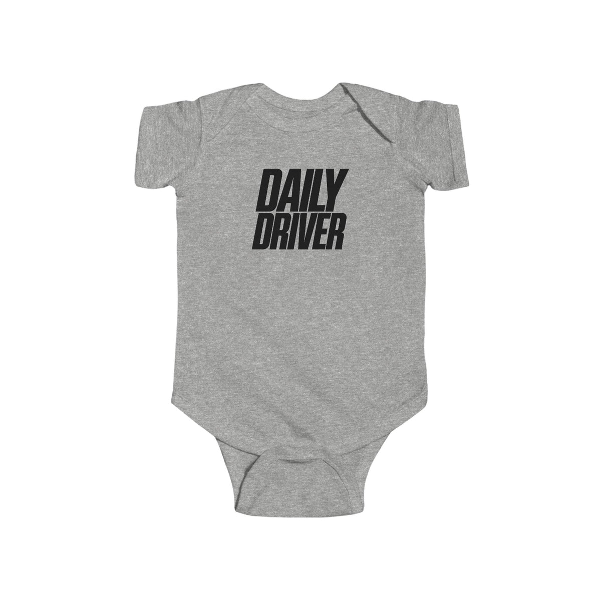 Heather gray baby bodysuit with short sleeves and "DAILY DRIVER" front graphic