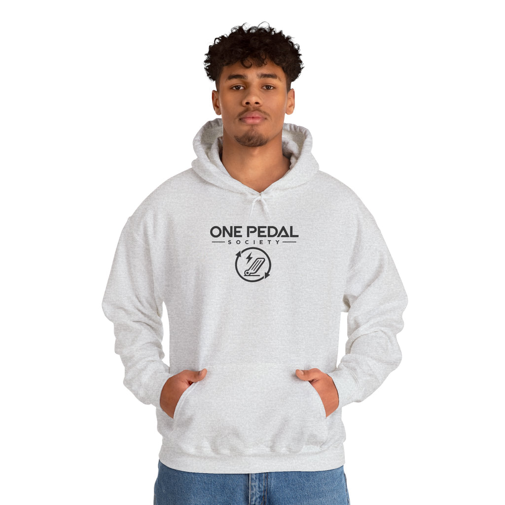 Ash gray EV hoodie worn by a model, front logo print and hood