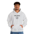 Ash gray EV hoodie worn by a model, front logo print and hood