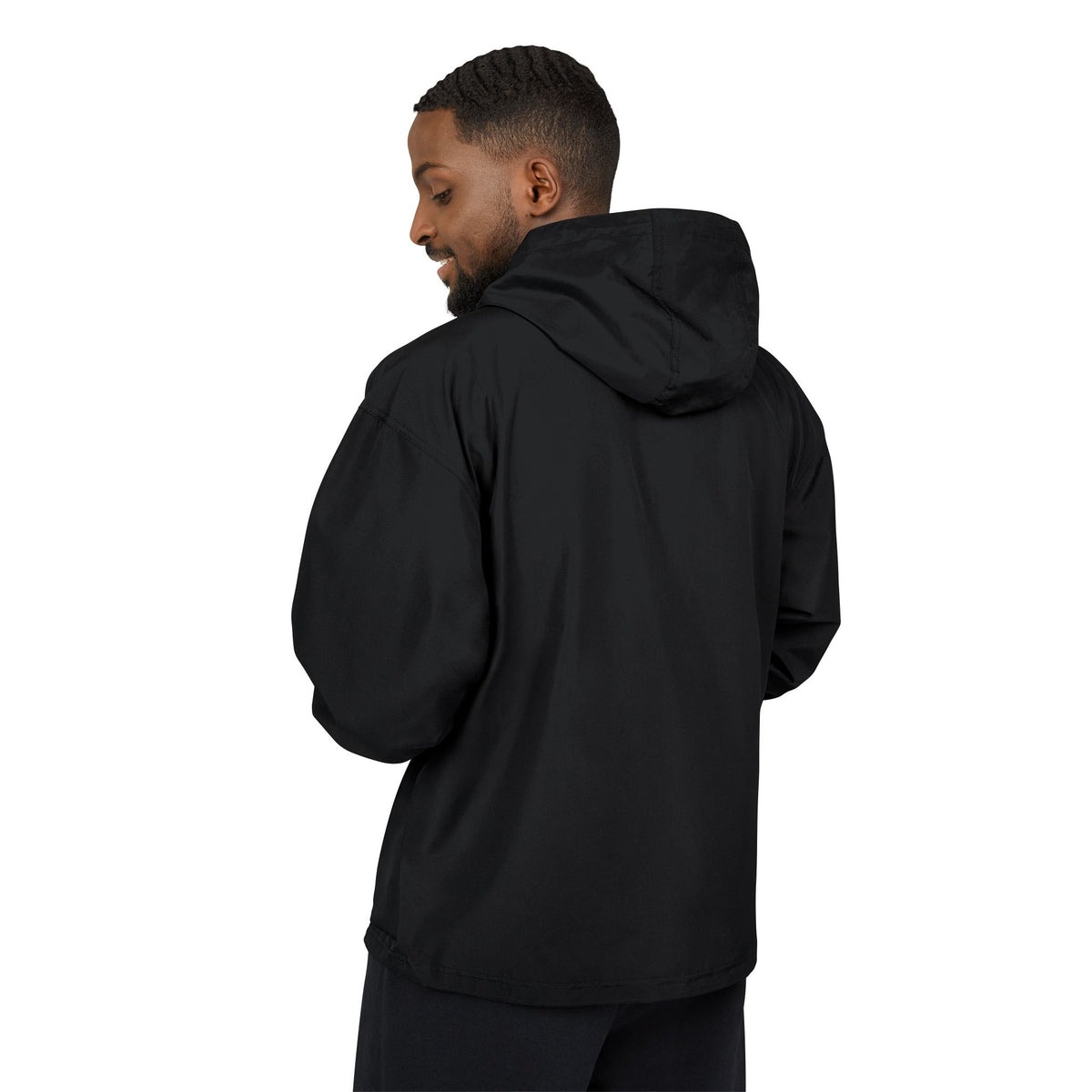 Black hooded anorak jacket side back view with full sleeves and hood