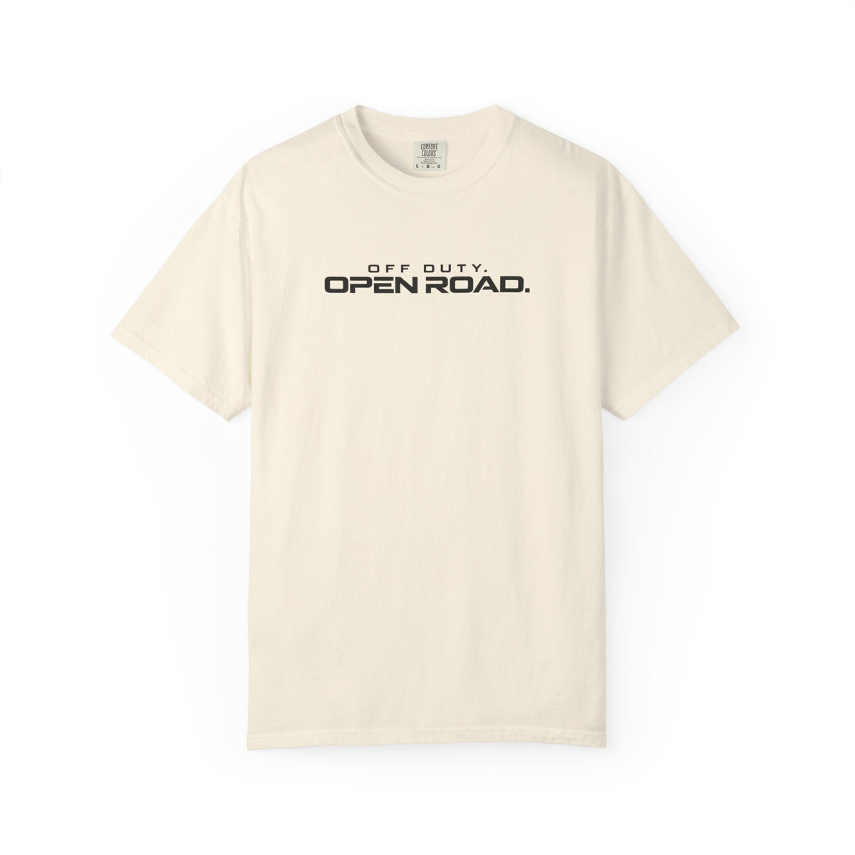 Ivory crewneck T-shirt with front “Off Duty OPEN ROAD” graphic print