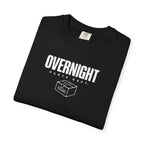 Black T-shirt with OVERNIGHT parts dept. logo graphic across the chest