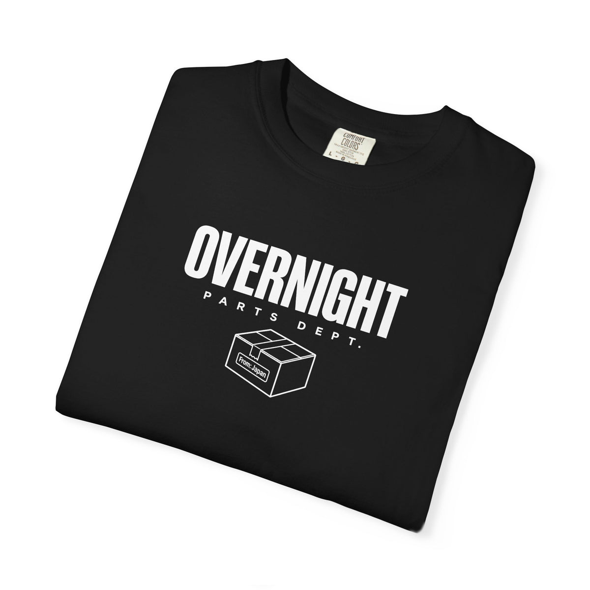 Black T-shirt with OVERNIGHT parts dept. logo graphic across the chest
