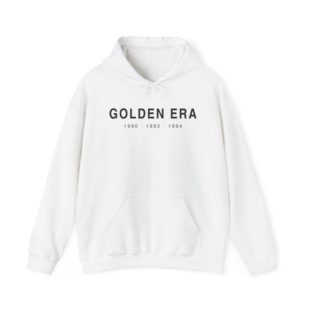 White pullover hoodie with front “GOLDEN ERA” logo text and kangaroo pocket