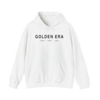 White pullover hoodie with front “GOLDEN ERA” logo text and kangaroo pocket