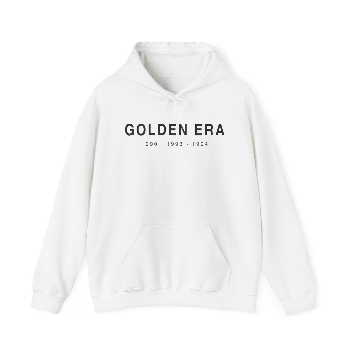 White pullover hoodie with front “GOLDEN ERA” logo text and kangaroo pocket