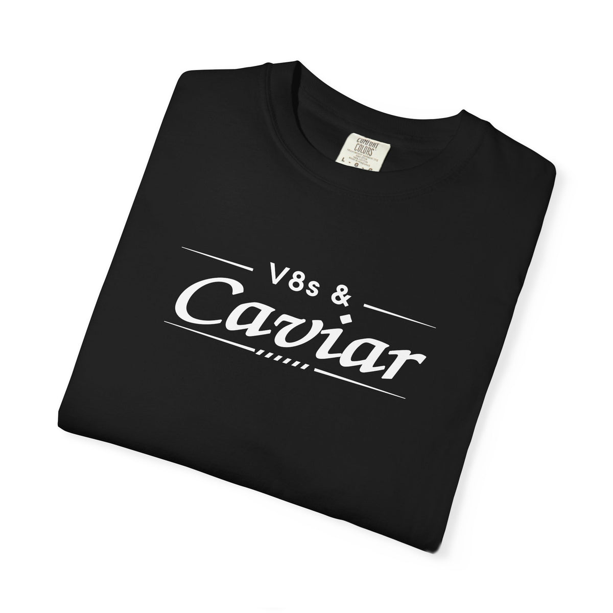 Black graphic t-shirt with “V8s & Caviar” logo, close-up view