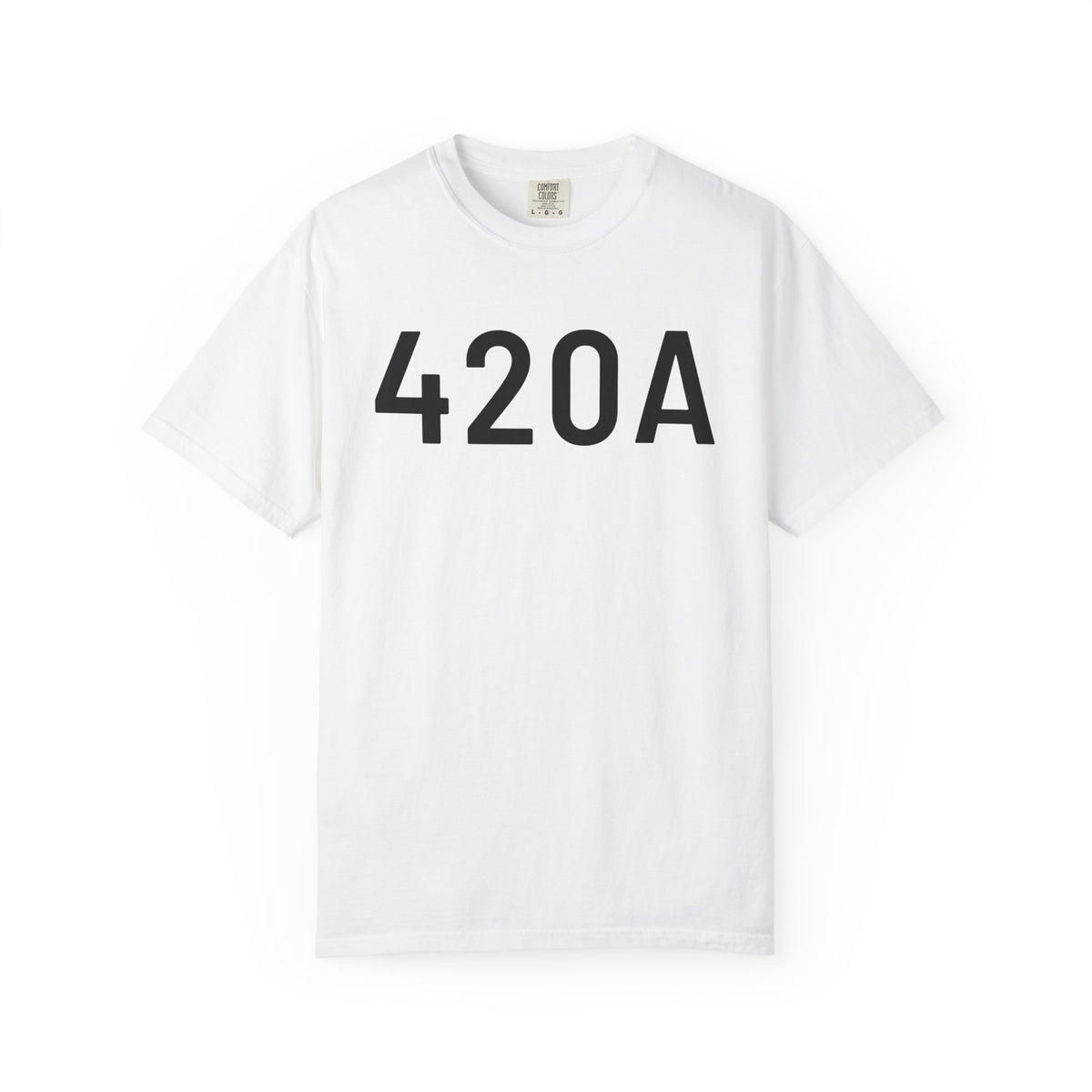 White crewneck T-shirt with '420A' graphic on front, short sleeves.