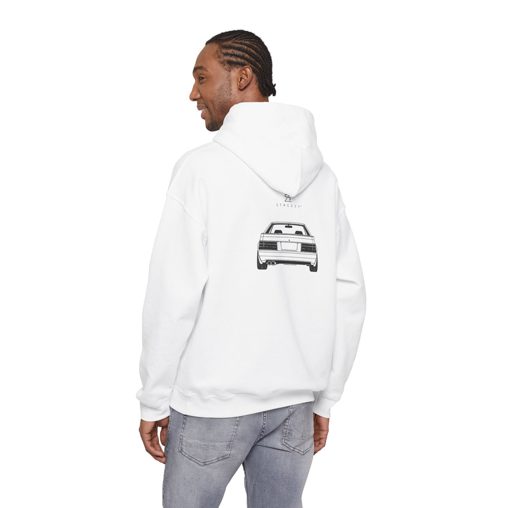 White hoodie worn from the back with “2.6L Social Club” car graphic