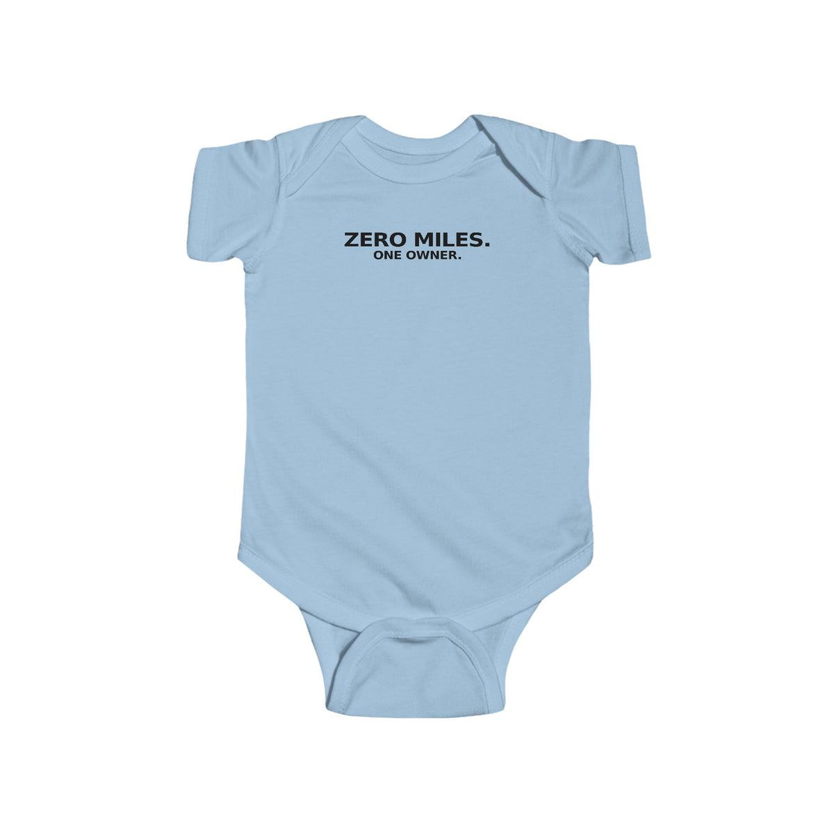 Light blue baby bodysuit with short sleeves and front graphic text