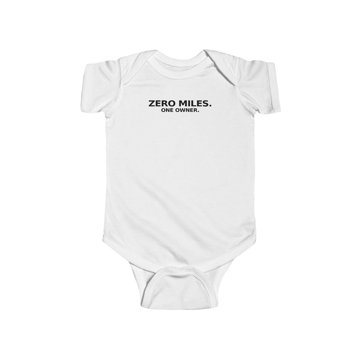 White baby bodysuit with short sleeves and front graphic text